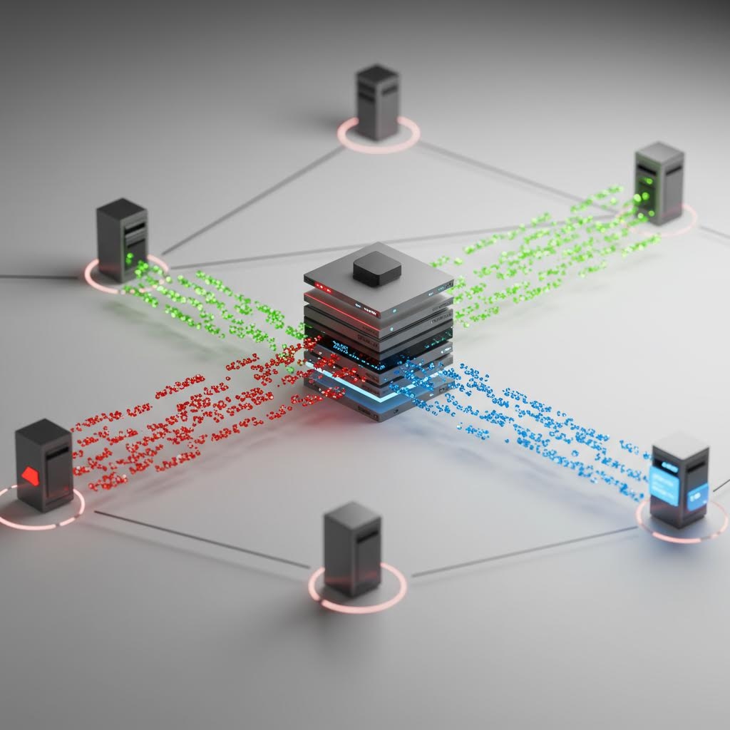 중앙 서버로 색색의 데이터 흐름이 여러 단말기에서 동시에 연결되어 상호 교환되는 구조를 보여주는 네트워크 시각화 모습