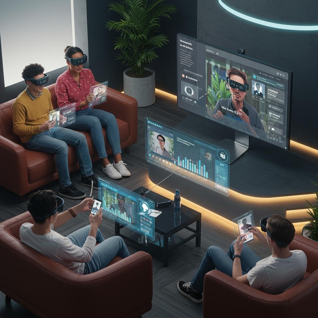 거실 공간에 모여 헤드셋을 착용한 사람들이 공중에 떠오르는 정보 화면을 보며 각자 기기를 조작하는 미래형 인터페이스의 장면