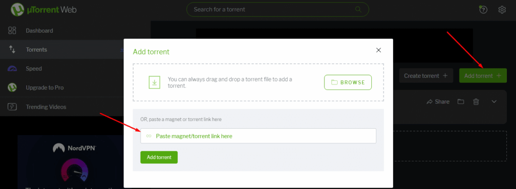 µTorrent Web interface showing the option to add a new torrent via file upload or link.